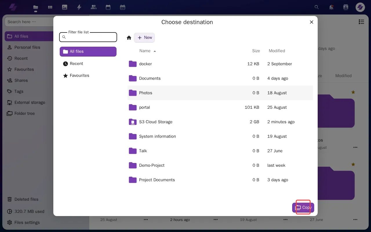 Screenshot showing clicking Copy button to copy the sharing link