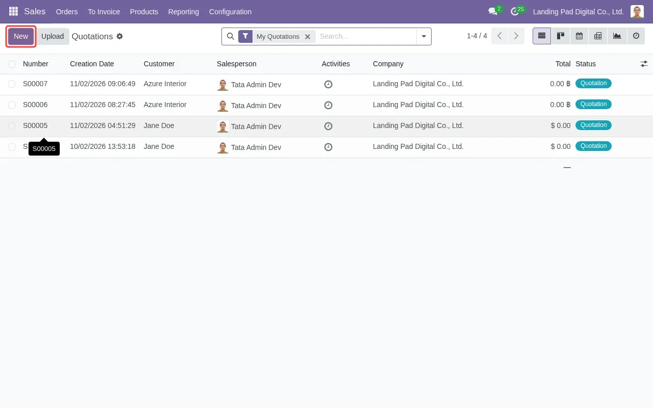Screenshot showing clicking New button to create a quotation