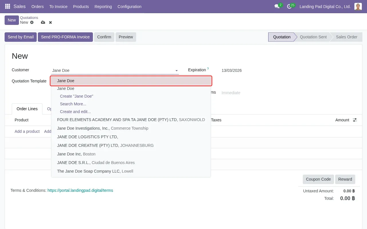 Screenshot showing selecting Jane Doe from the customer dropdown