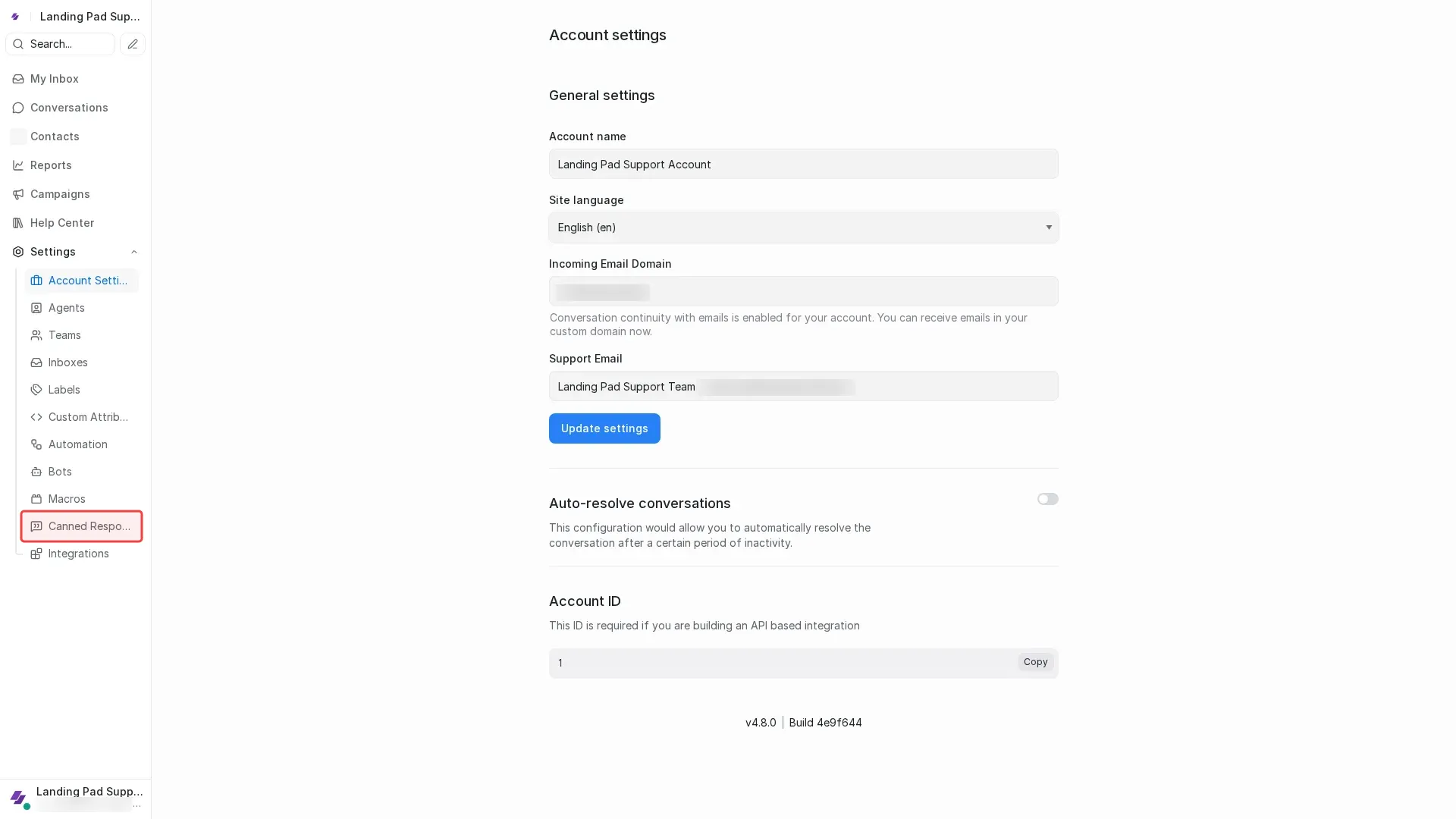 Screenshot showing clicking Canned Responses in the settings menu