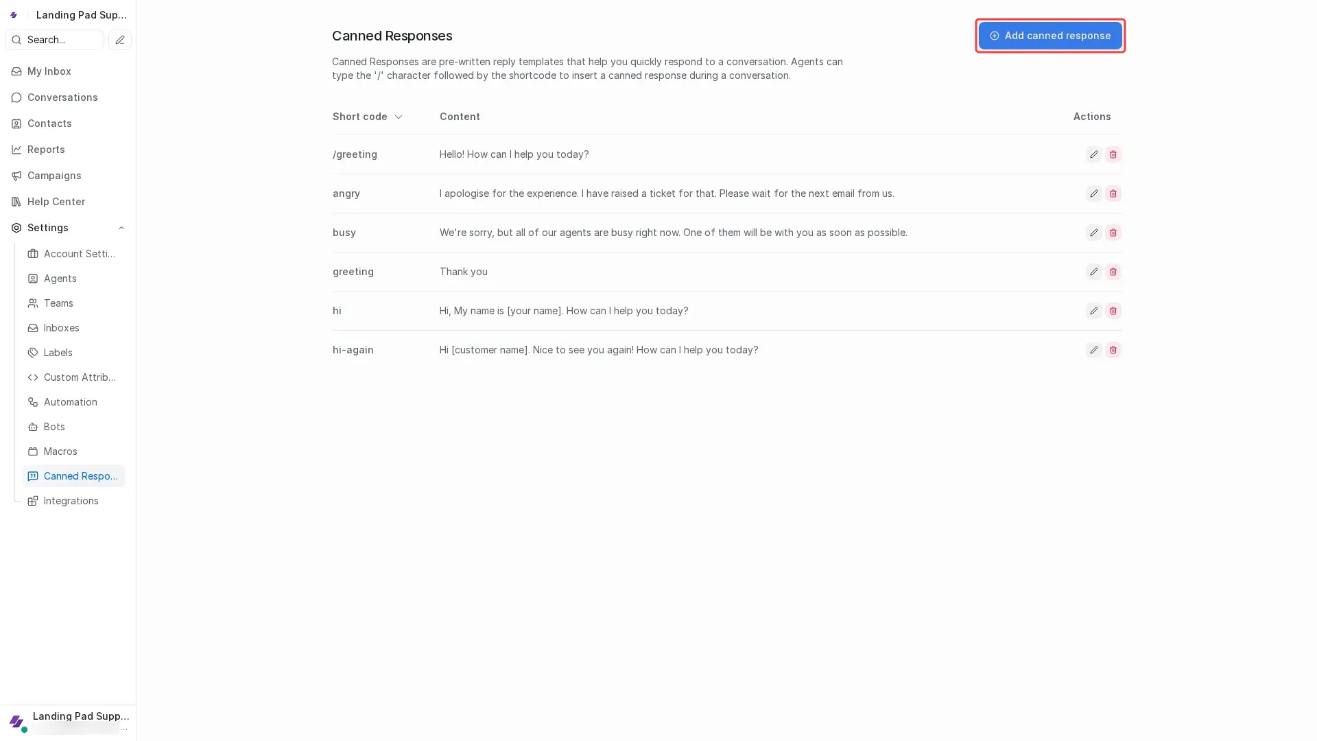 Screenshot showing clicking Add canned response button to open form