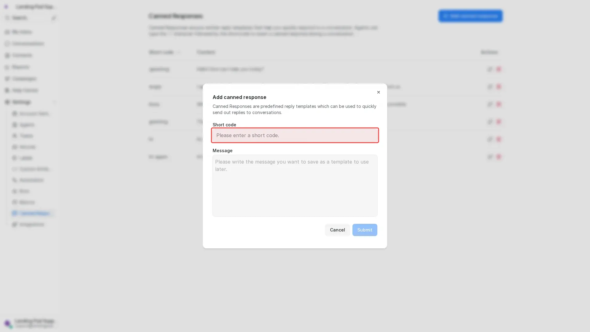 Screenshot showing typing Greeting in the short code field