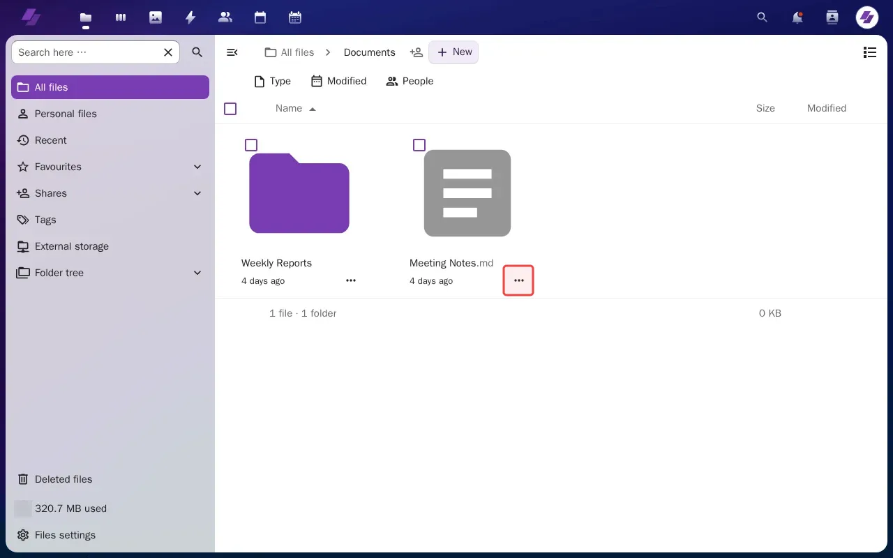 Screenshot showing clicking Actions menu for Meeting Notes file