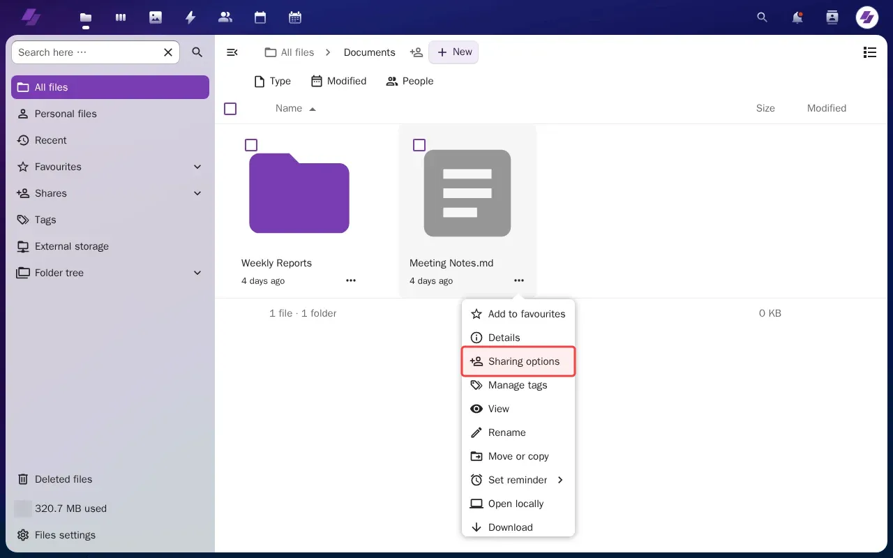 Screenshot showing clicking Sharing options to open file sharing settings