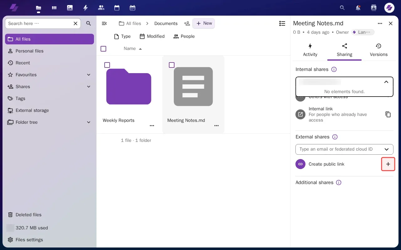 Screenshot showing clicking + button to create the share