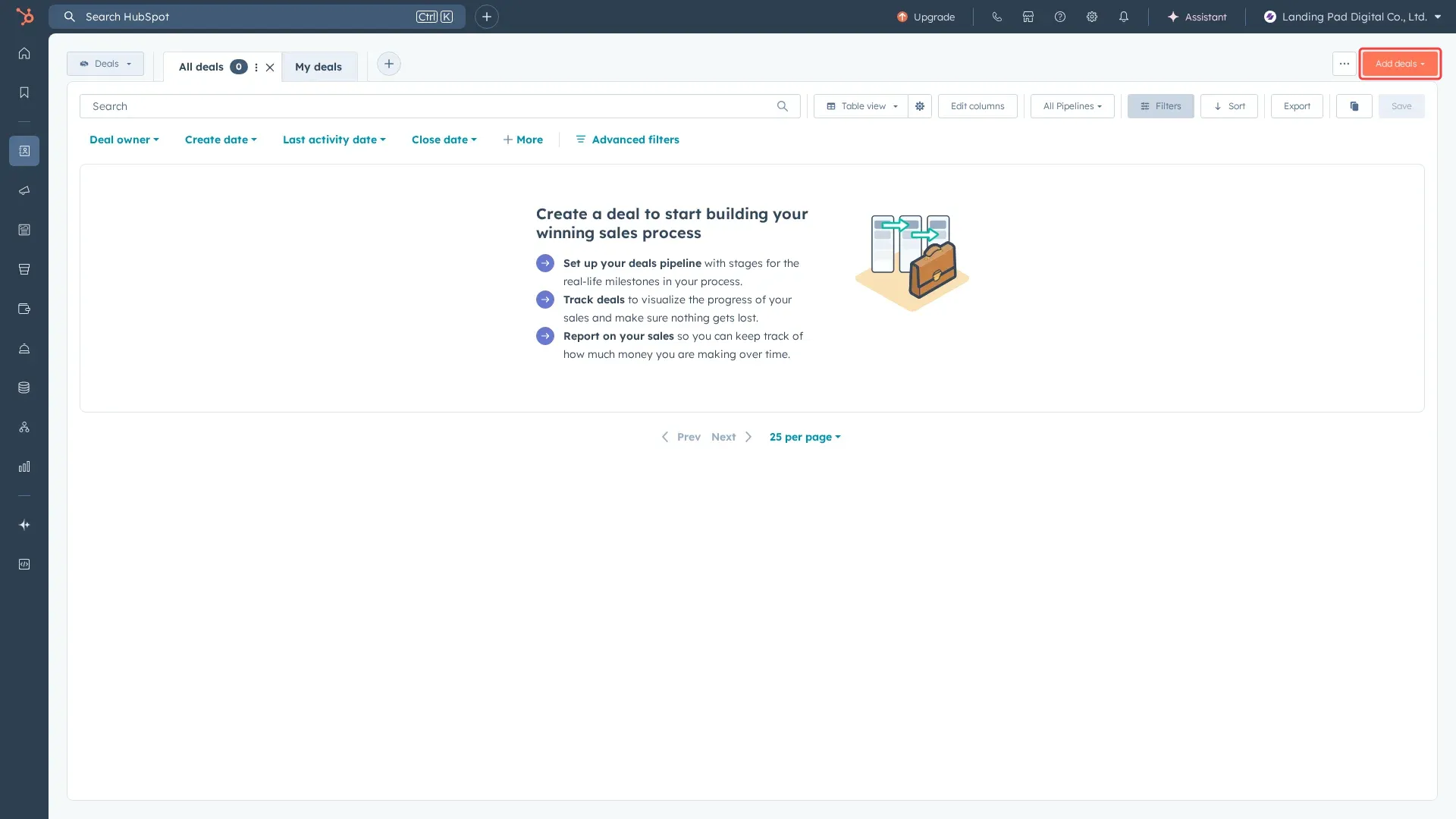 Screenshot showing clicking Add deals button to open deal creation form