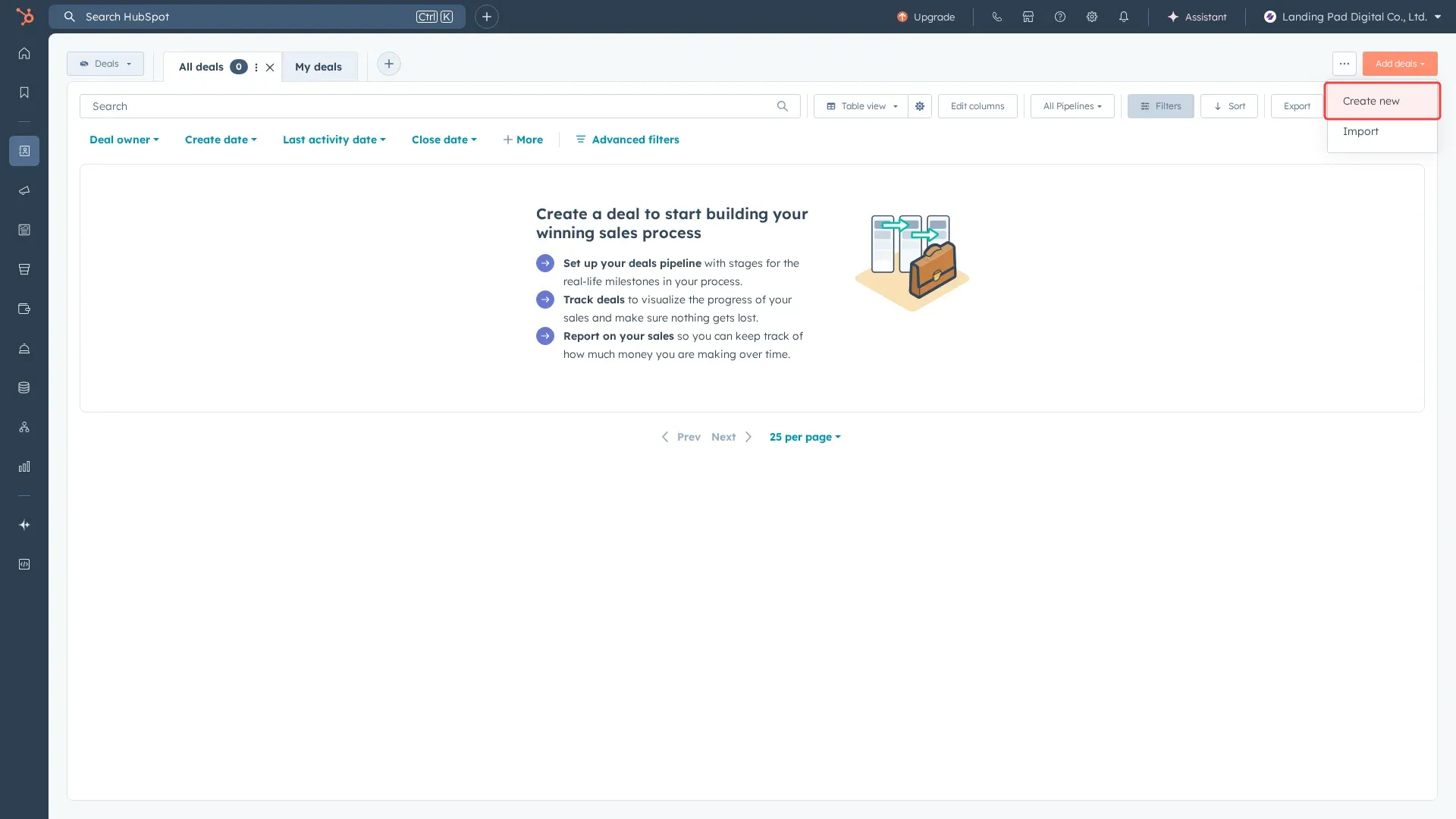 Screenshot showing clicking Create new to open deal creation form