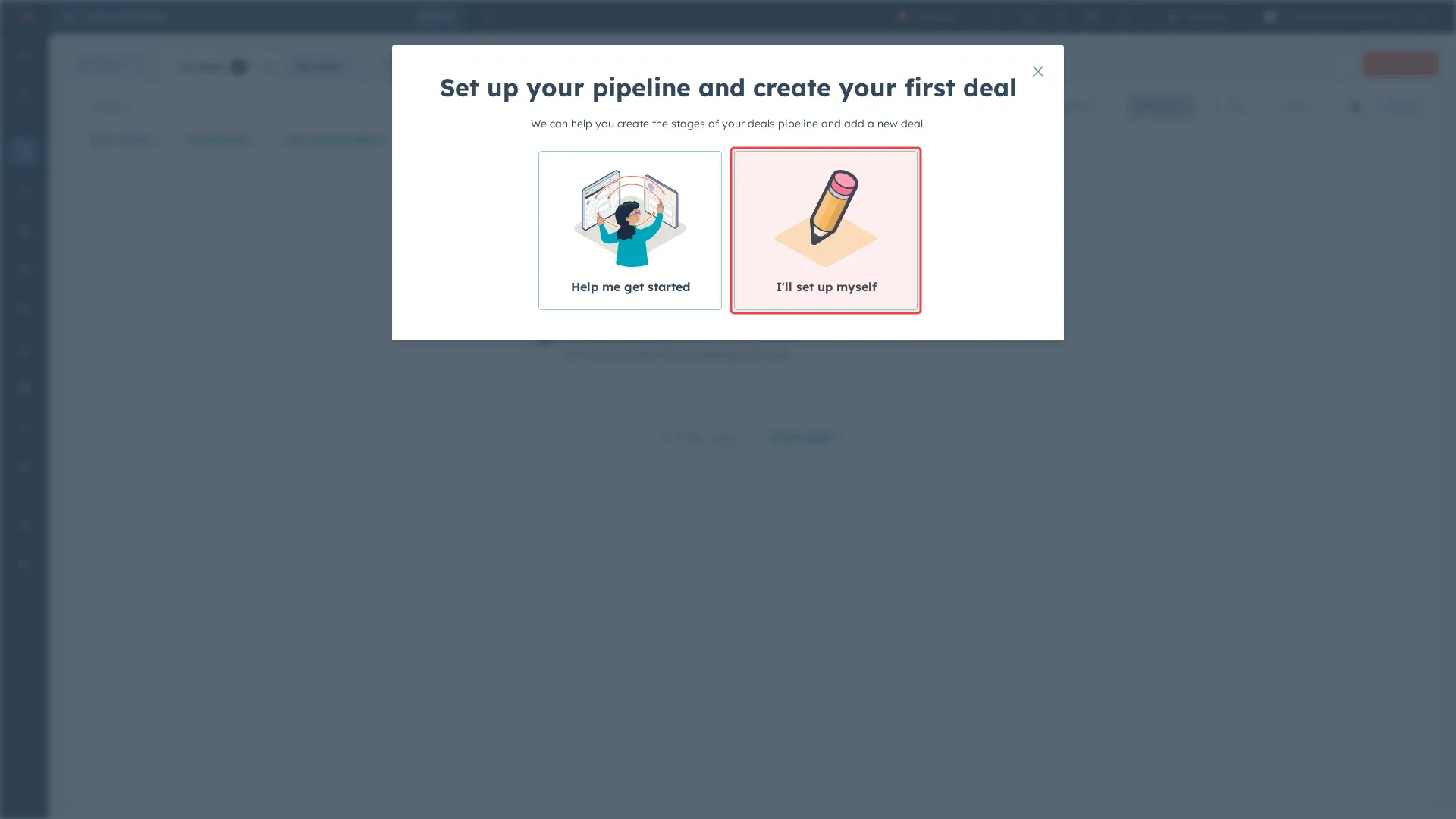 Screenshot showing clicking Ill set up myself to create deal manually
