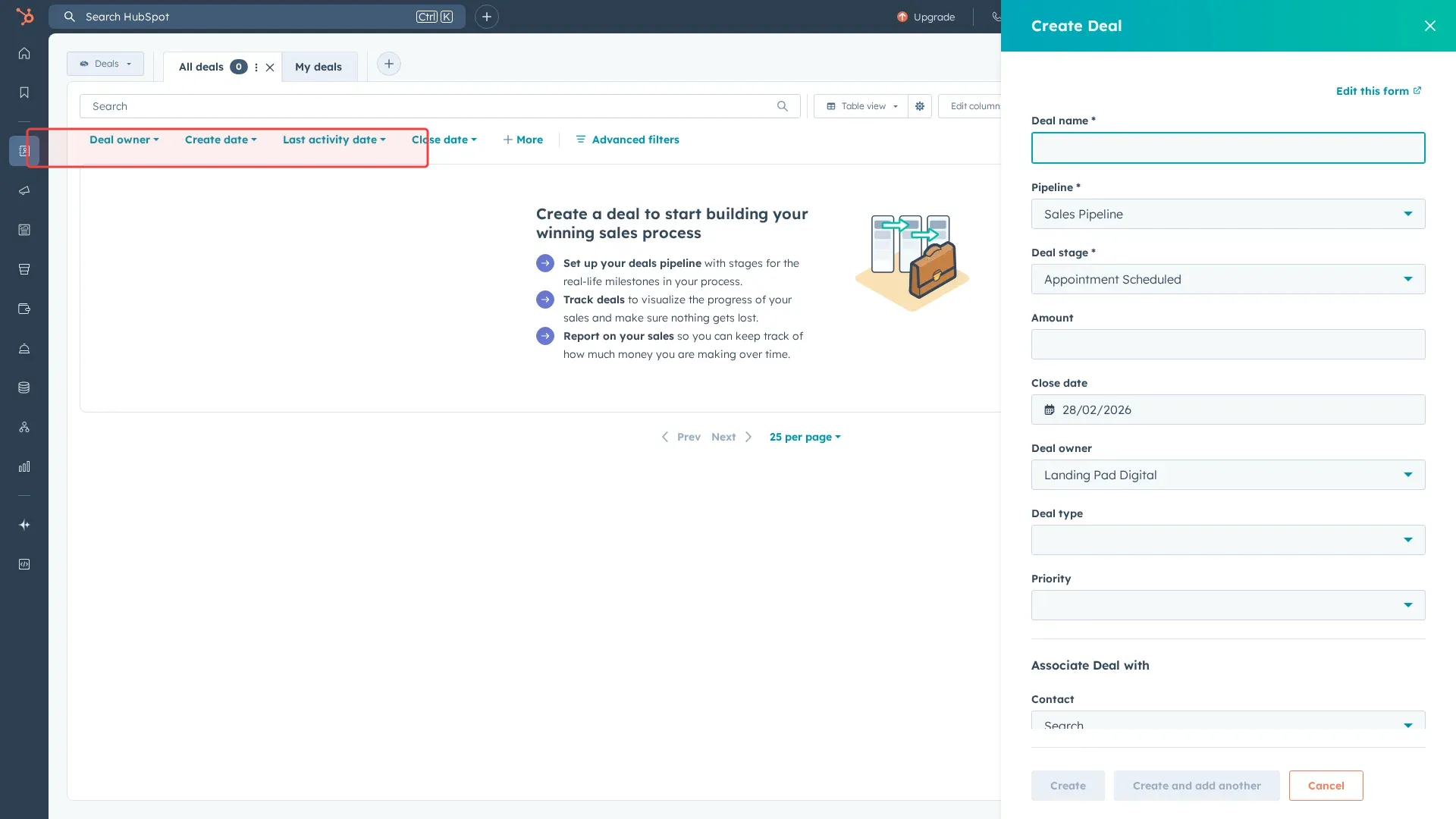 Screenshot showing typing Website Redesign in the Deal name field