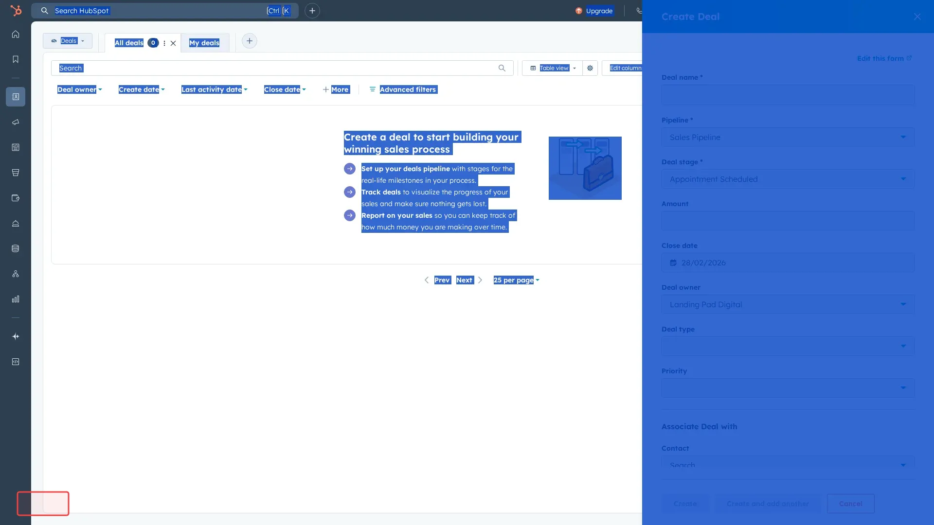 Screenshot showing clicking Create button to save the deal