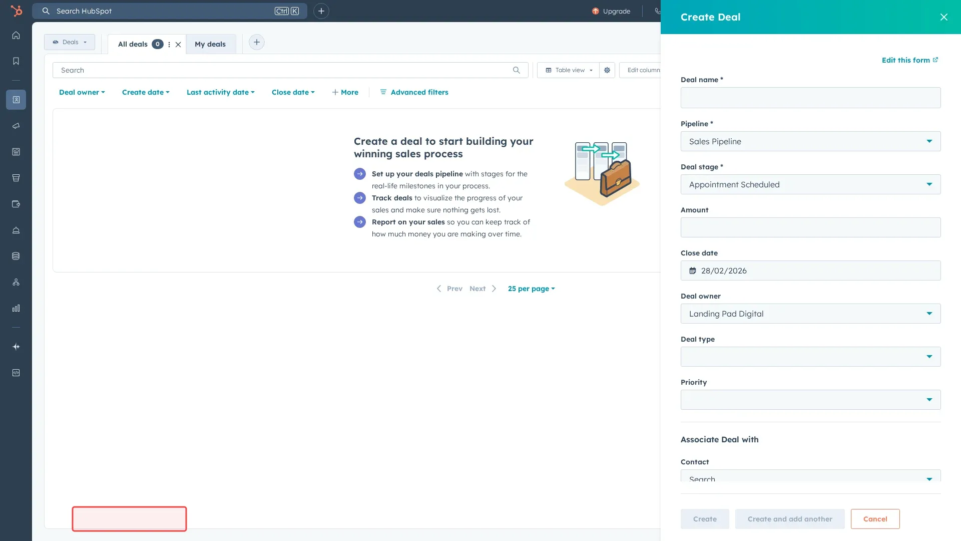 Screenshot showing clicking Create and add another to save the deal