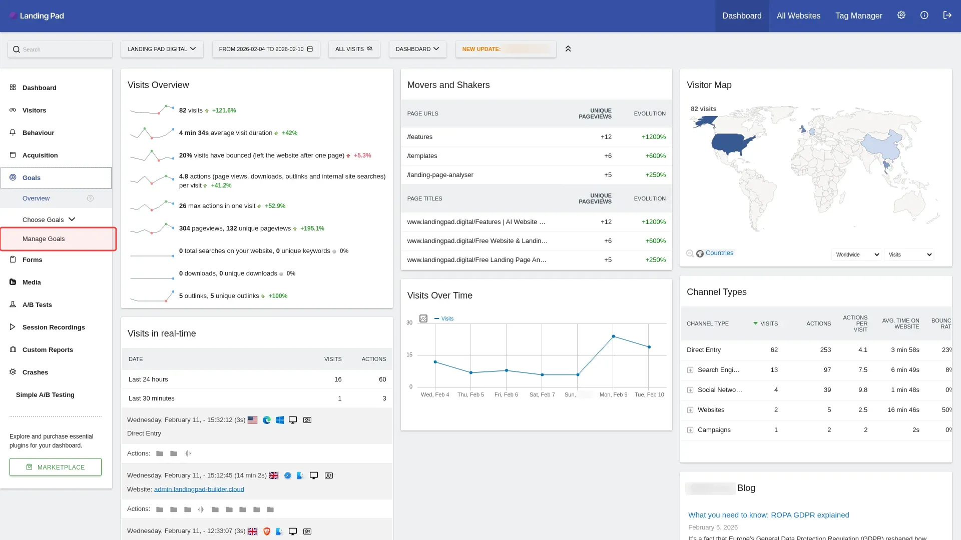 Screenshot showing clicking Manage Goals in the sidebar to access goal management