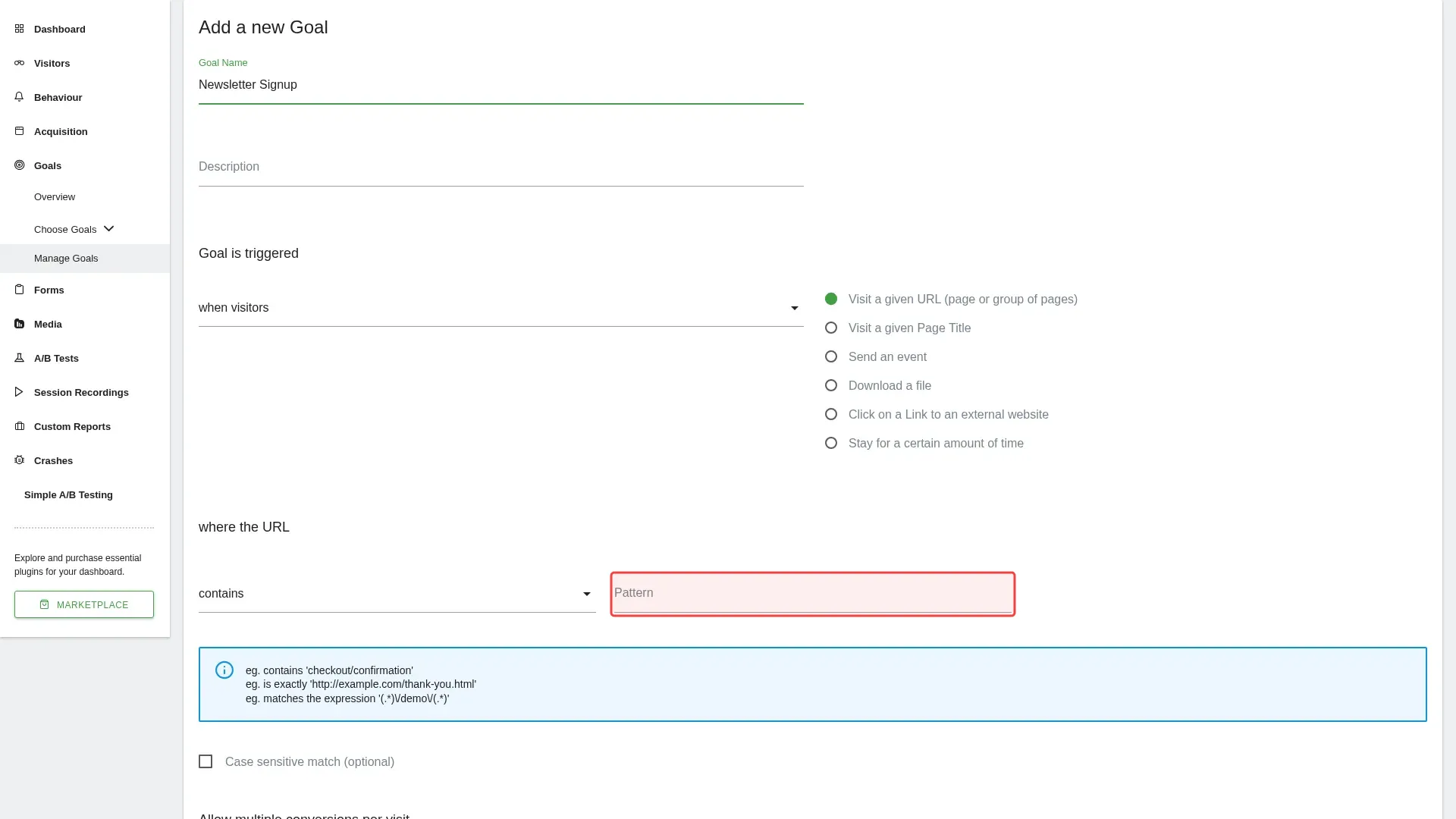 Screenshot showing typing thank-you in the pattern field to track the thank-you page