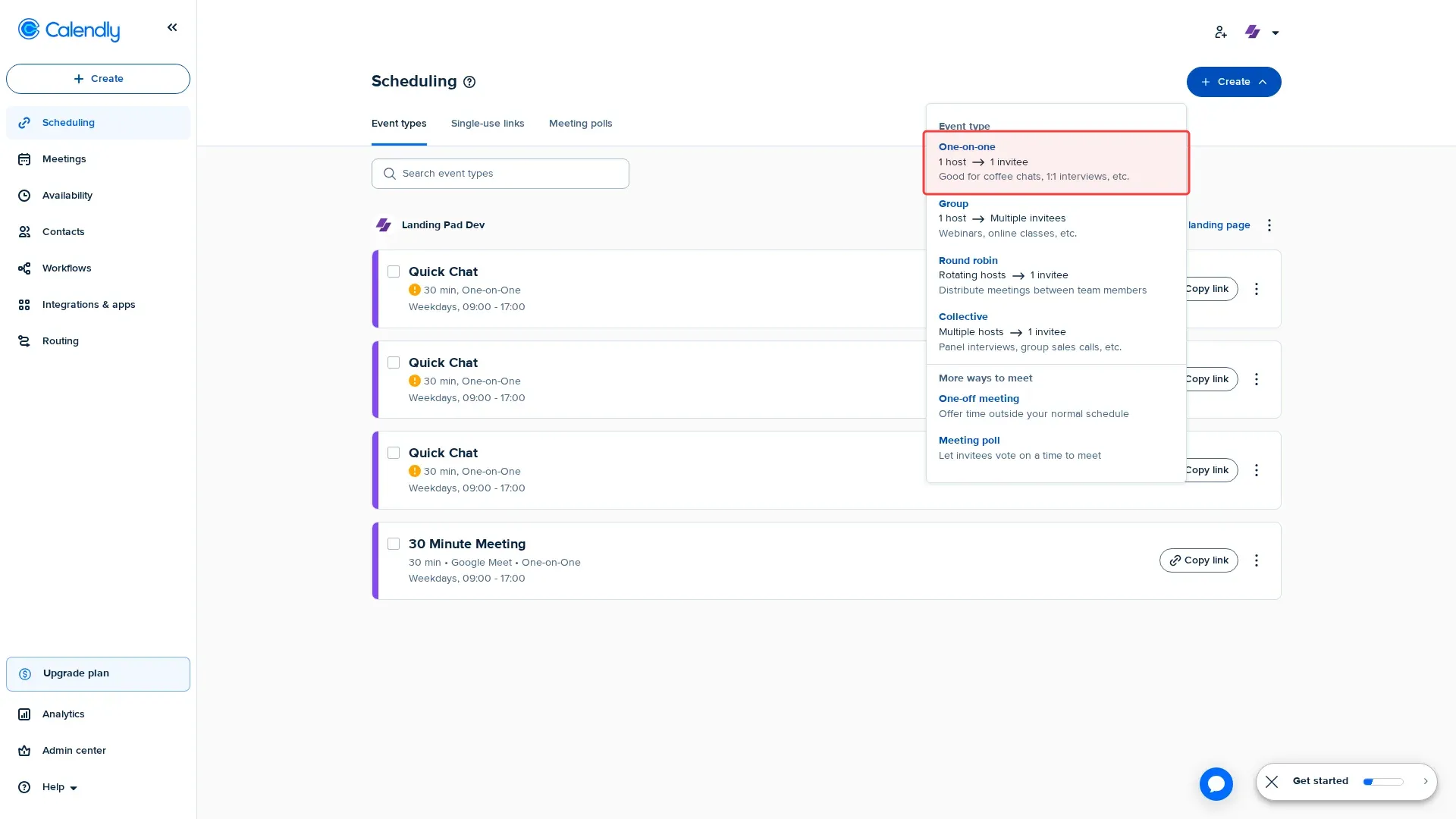 Screenshot showing clicking One-on-one to select event type option