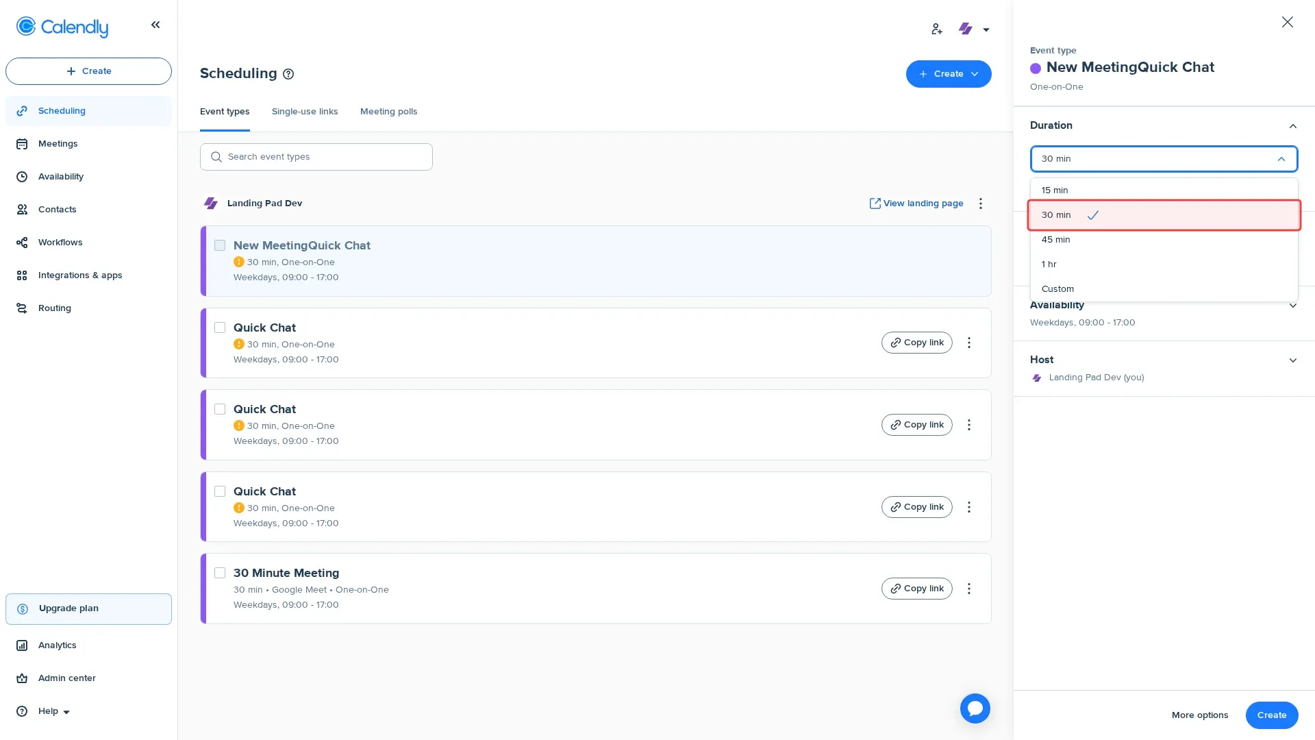 Screenshot showing selecting 30 min duration option from dropdown
