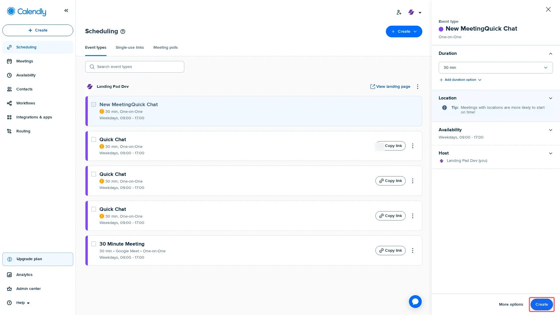 Screenshot showing clicking Create button to save the event type
