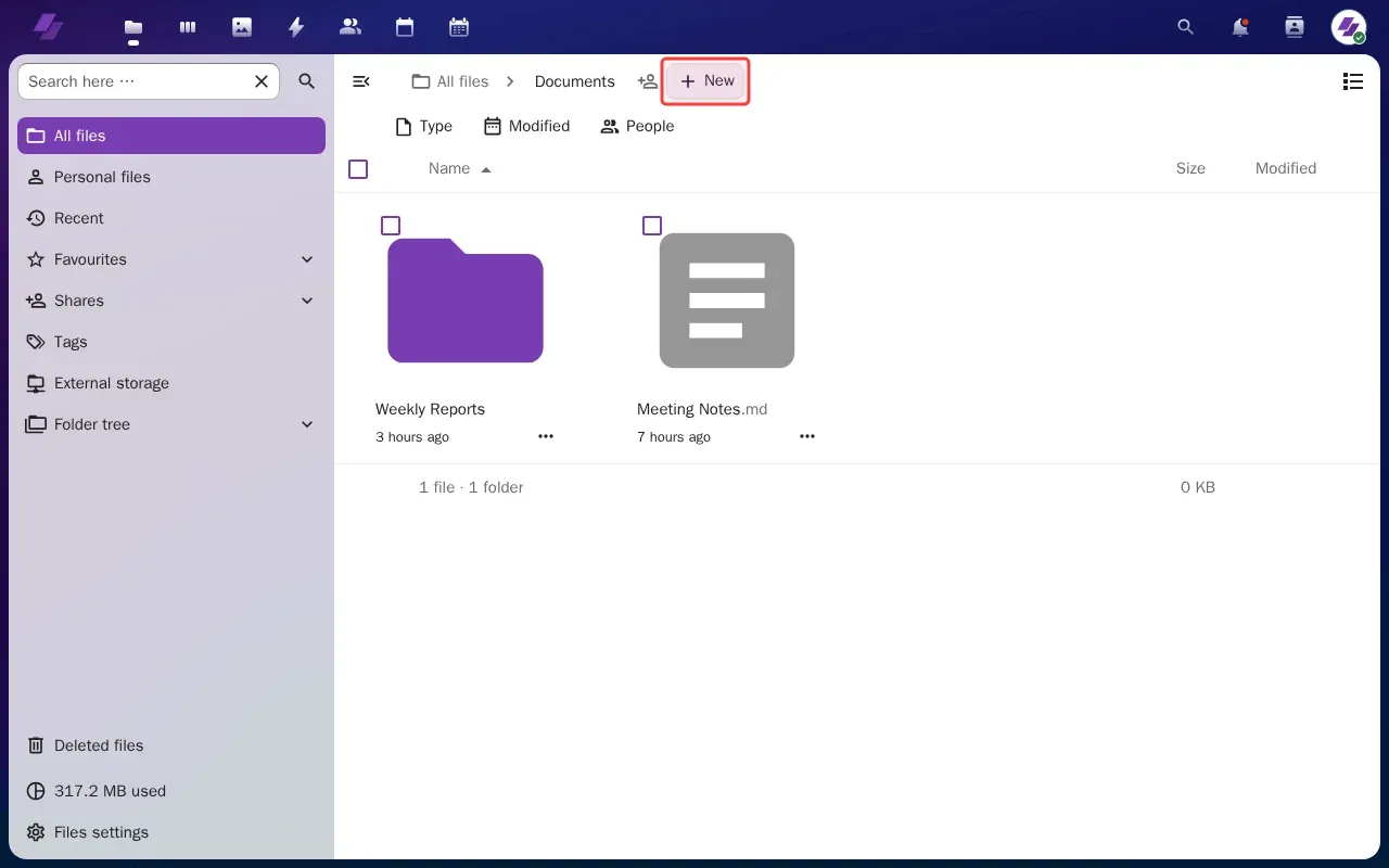 Screenshot showing clicking New button to open creation menu