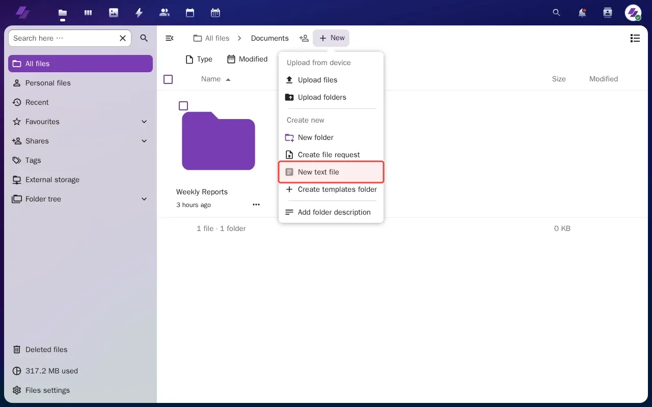 Screenshot showing clicking New text file to create a document